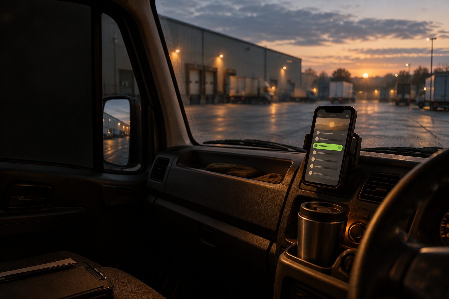 A phone on a van dash mount at dawn showing the daily brief, with an industrial park through the windshield.