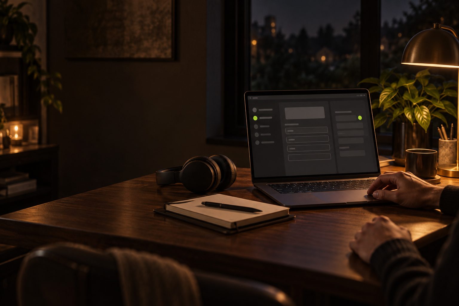 A laptop on a desk at night showing a single structured task form, with a headset and notebook beside it.